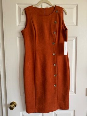 Calvin Klein Rust Orange Sleeveless Midi Dress with Side Button Detail